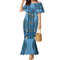 Bula Fiji Vintage Family Matching Mermaid Dress and Hawaiian Shirt Prussian Blue Masi Motifs