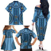 Bula Fiji Vintage Family Matching Off The Shoulder Long Sleeve Dress and Hawaiian Shirt Prussian Blue Masi Motifs
