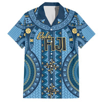Bula Fiji Vintage Family Matching Off The Shoulder Long Sleeve Dress and Hawaiian Shirt Prussian Blue Masi Motifs