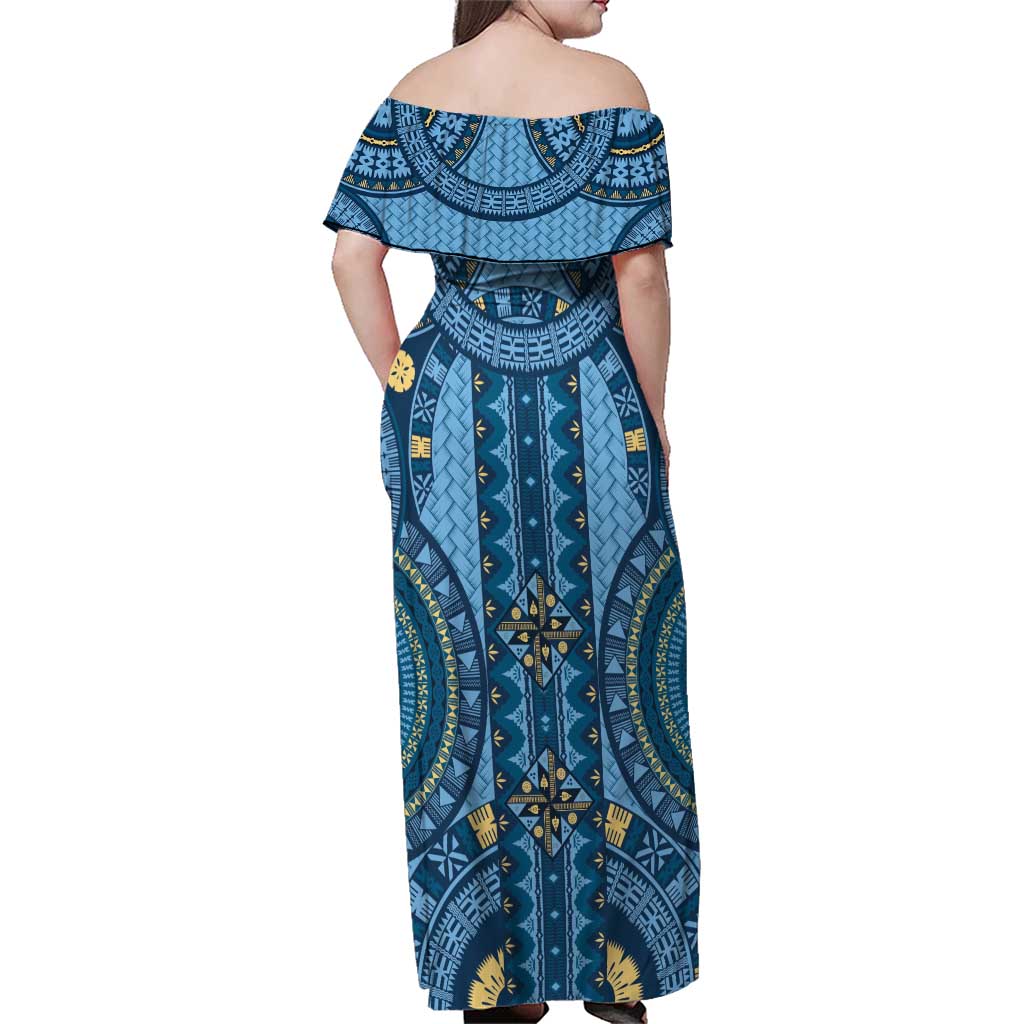 Bula Fiji Vintage Family Matching Off Shoulder Maxi Dress and Hawaiian Shirt Prussian Blue Masi Motifs
