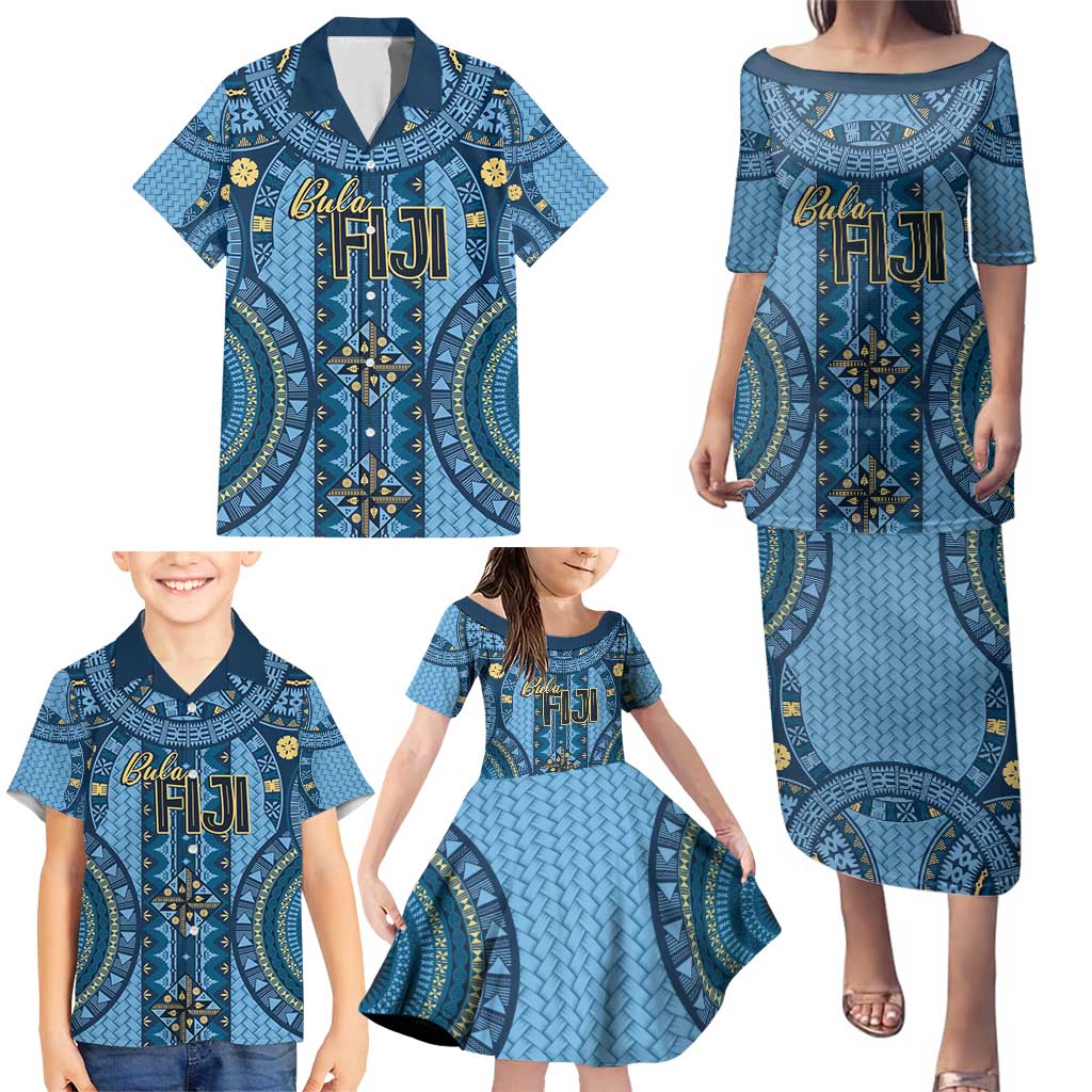 Bula Fiji Vintage Family Matching Puletasi and Hawaiian Shirt Prussian Blue Masi Motifs