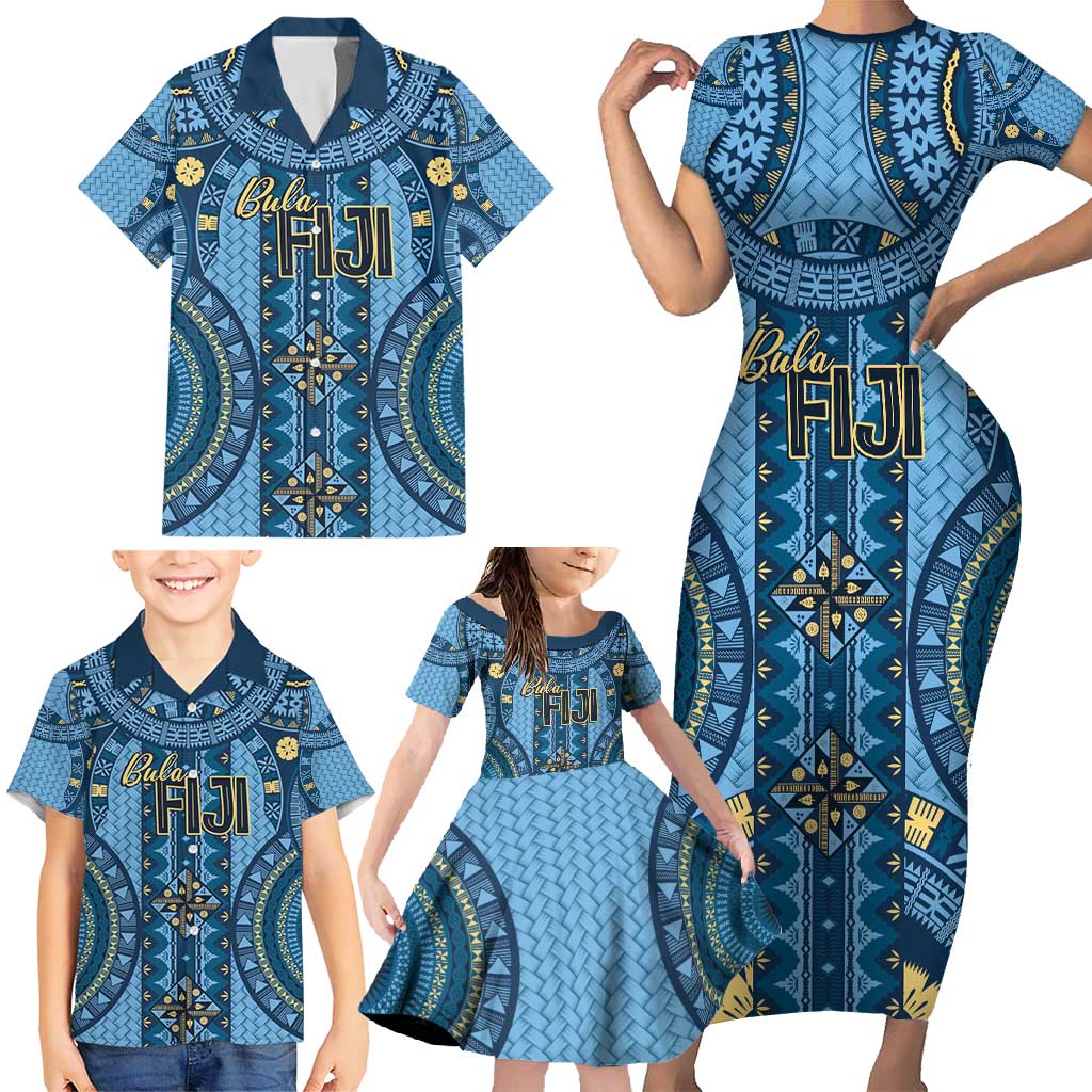Bula Fiji Vintage Family Matching Short Sleeve Bodycon Dress and Hawaiian Shirt Prussian Blue Masi Motifs