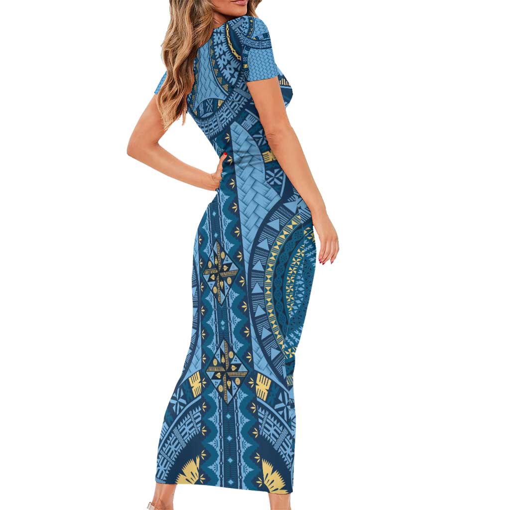 Bula Fiji Vintage Family Matching Short Sleeve Bodycon Dress and Hawaiian Shirt Prussian Blue Masi Motifs