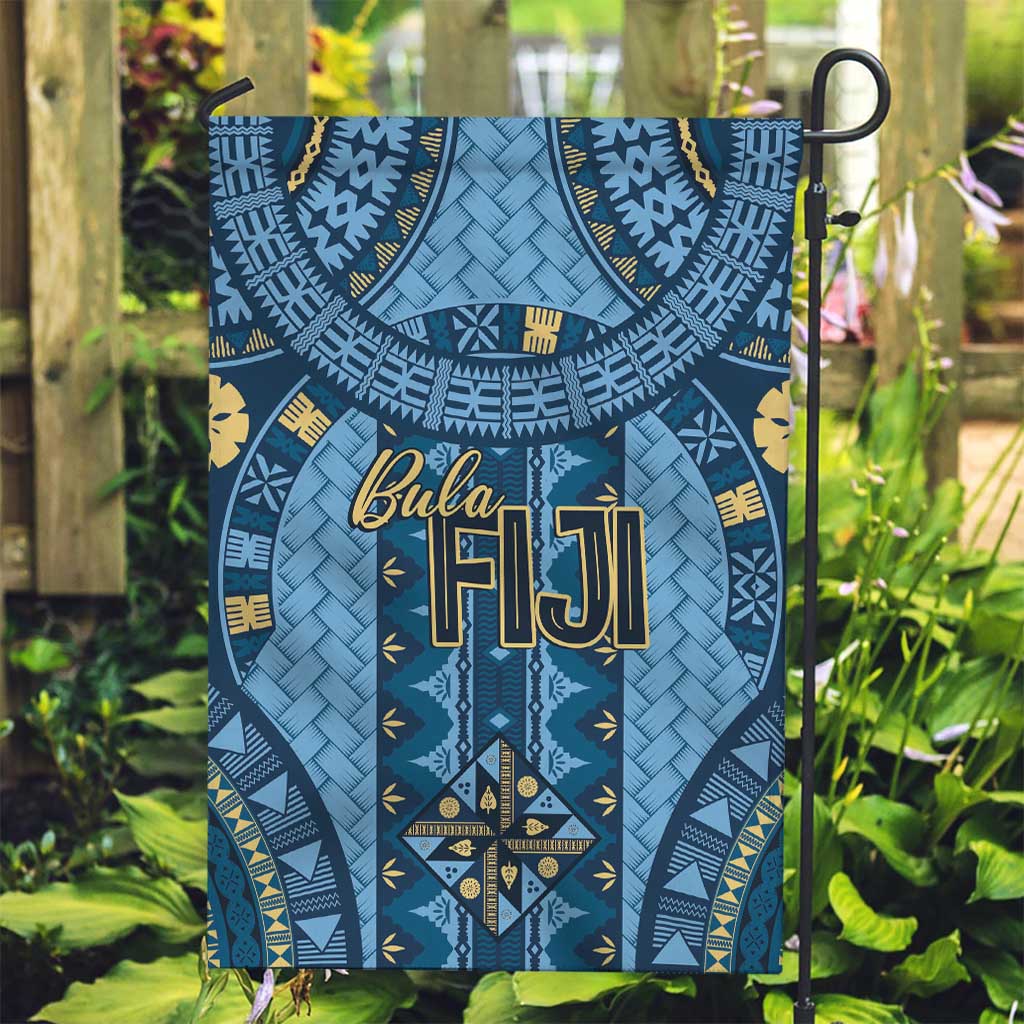 Bula Fiji Vintage Garden Flag Prussian Blue Masi Motifs