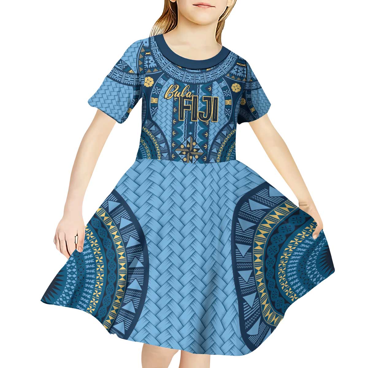 Bula Fiji Vintage Kid Short Sleeve Dress Prussian Blue Masi Motifs