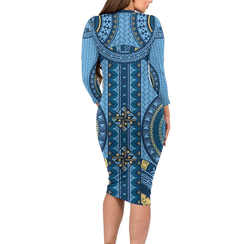 Bula Fiji Vintage Long Sleeve Bodycon Dress Prussian Blue Masi Motifs
