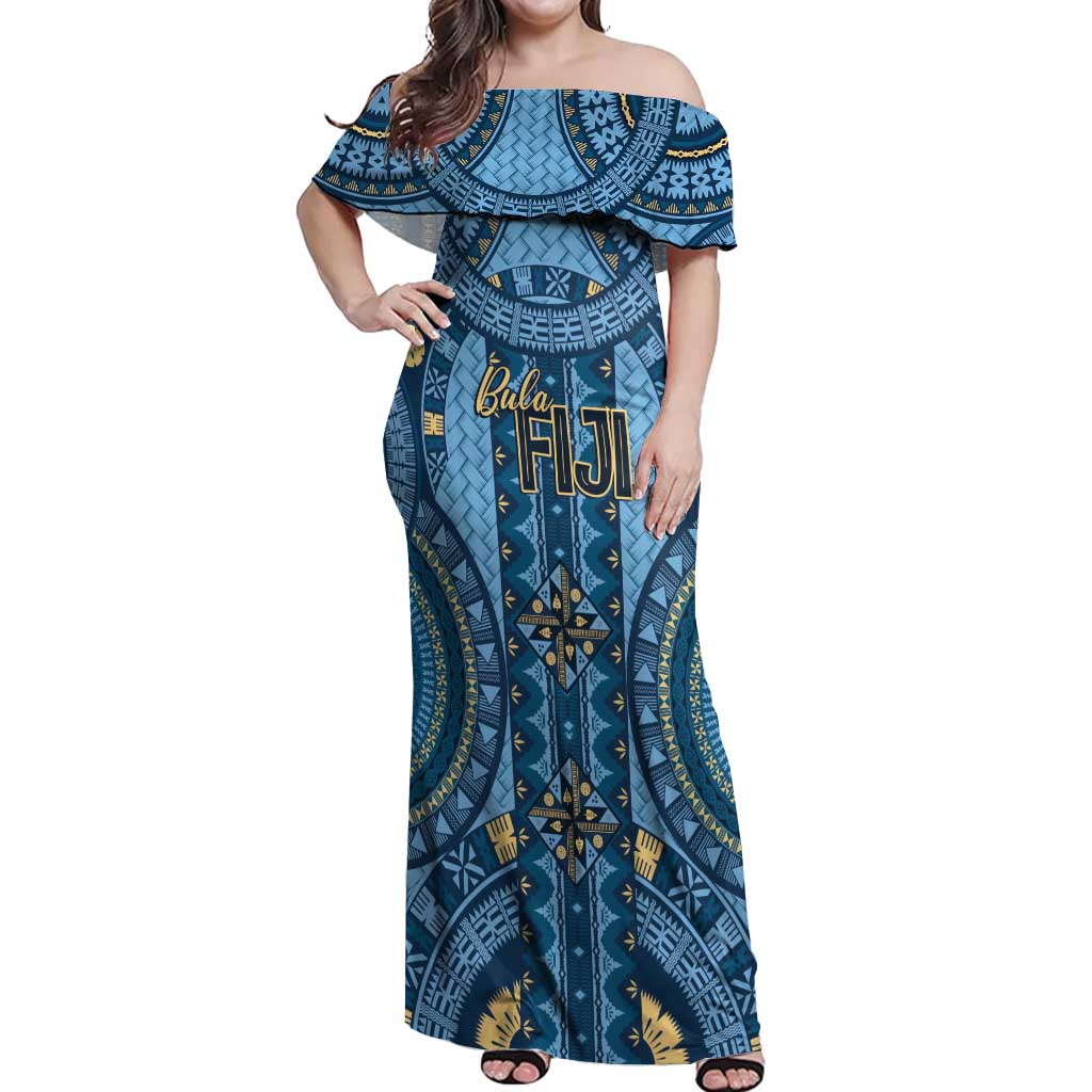 Bula Fiji Vintage Off Shoulder Maxi Dress Prussian Blue Masi Motifs