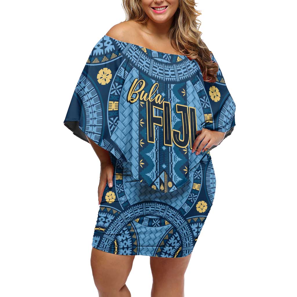 Bula Fiji Vintage Off Shoulder Short Dress Prussian Blue Masi Motifs