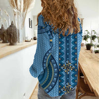 Bula Fiji Vintage Women Casual Shirt Prussian Blue Masi Motifs