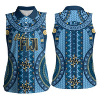 Bula Fiji Vintage Women Sleeveless Polo Shirt Prussian Blue Masi Motifs