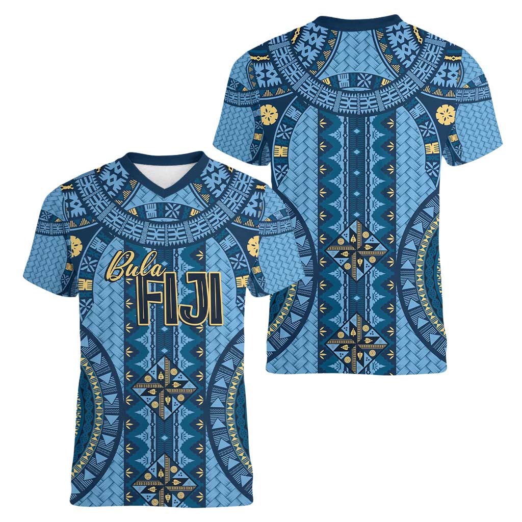 Bula Fiji Vintage Women V-Neck T-Shirt Prussian Blue Masi Motifs