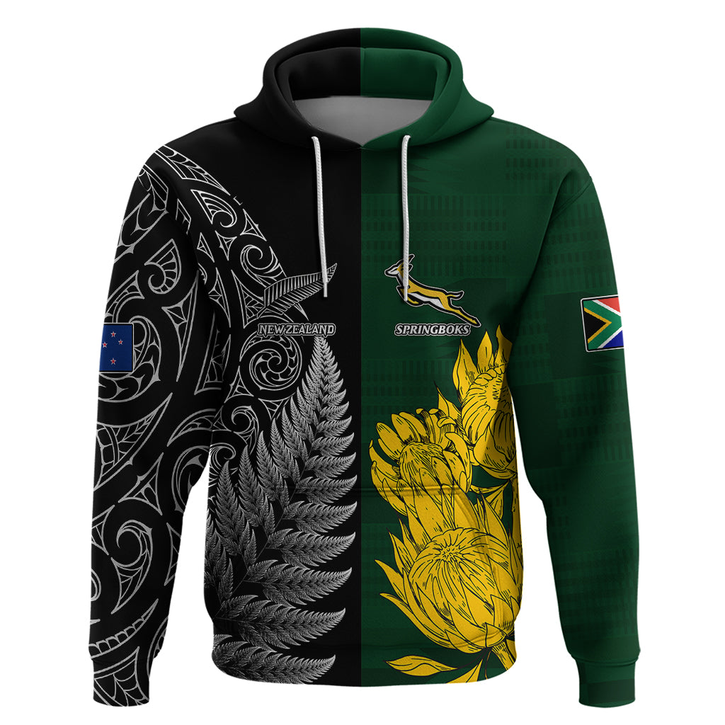 Custom New Zealand Mix South Africa Rugby Hoodie Protea Vs. Silver Ferns LT7 Pullover Hoodie Art - Polynesian Pride