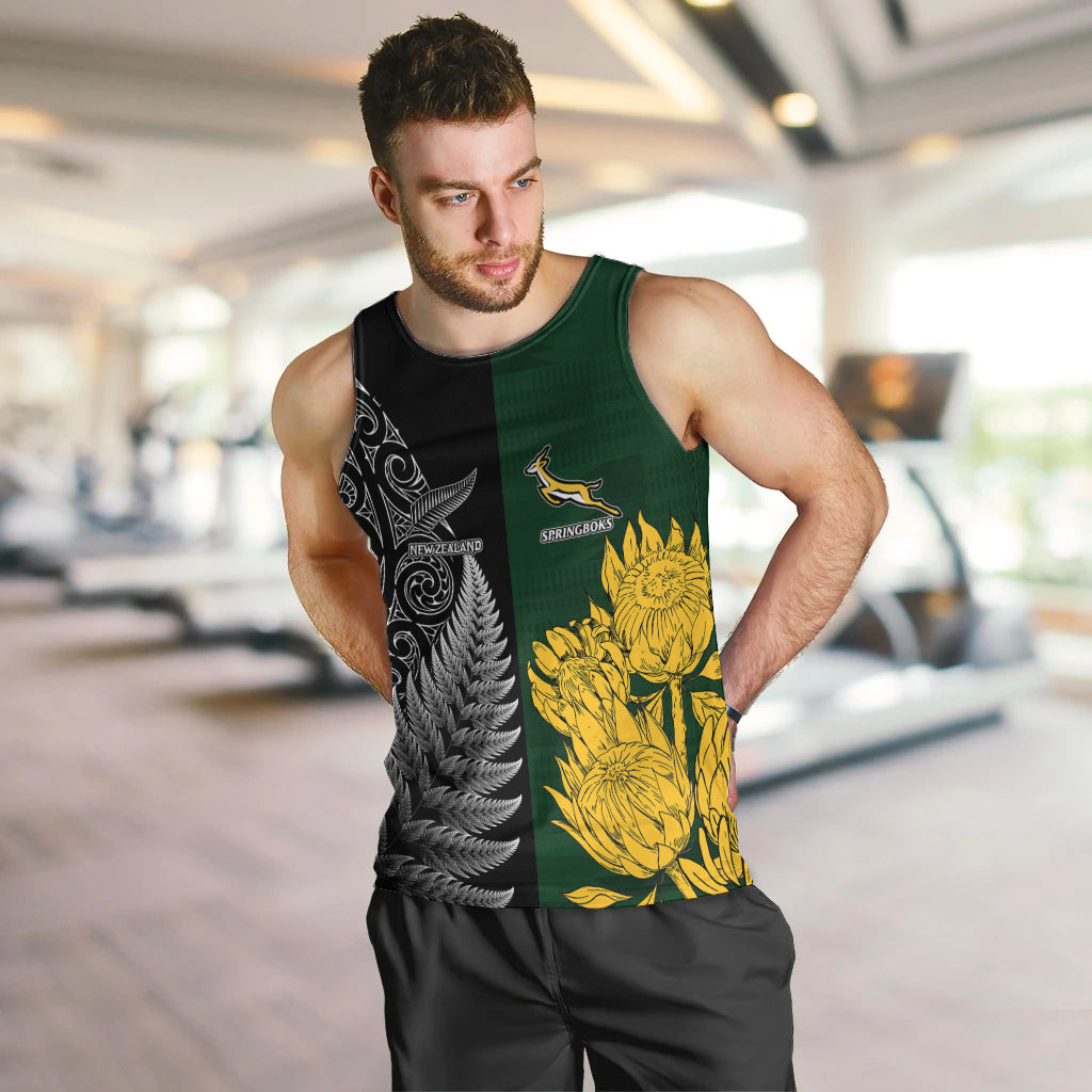 Personalised New Zealand Mix South Africa Rugby Men Tank Top Protea Vs. Silver Ferns LT7 - Polynesian Pride
