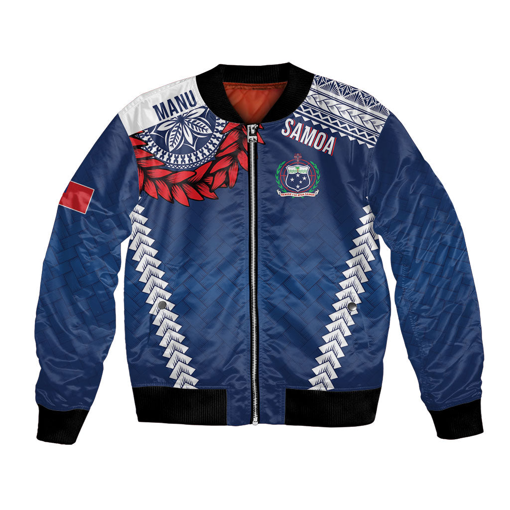 Manu Samoa Rugby Custom Navy Blue Bomber Jacket ʻIe Toga Pattern With Red Ula fala LT7 Unisex Navy Blue - Polynesian Pride