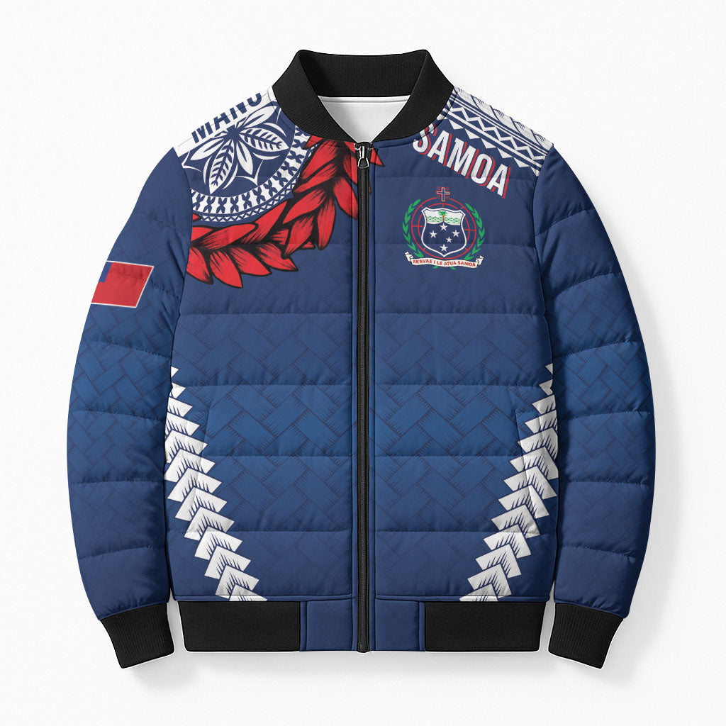 Manu Samoa Rugby Custom Navy Blue Bomber Puffer Jacket ʻIe Toga Pattern With Red Ula fala LT7 Unisex Navy Blue - Polynesian Pride