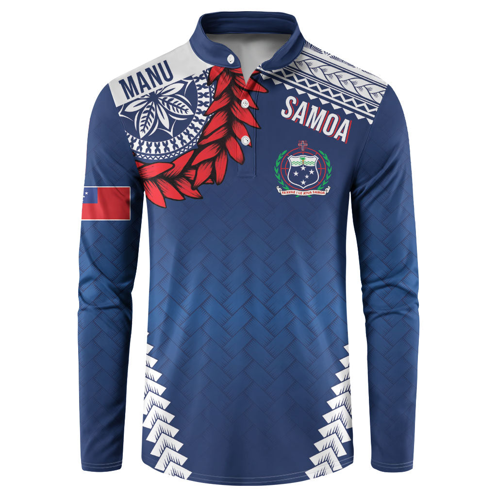 Manu Samoa Rugby Custom Navy Blue Button Sweatshirt ʻIe Toga Pattern With Red Ula fala LT7 Navy Blue - Polynesian Pride