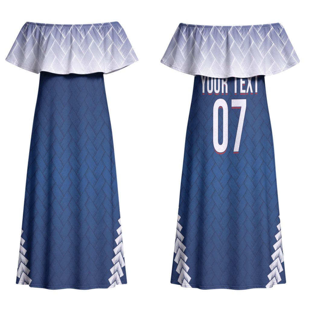 Manu Samoa Rugby Custom Navy Blue Couples Matching Off Shoulder Maxi Dress and Long Sleeve Button Shirt ʻIe Toga Pattern With Red Ula fala LT7 - Polynesian Pride