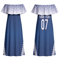 Manu Samoa Rugby Custom Navy Blue Couples Matching Off Shoulder Maxi Dress and Long Sleeve Button Shirt ʻIe Toga Pattern With Red Ula fala LT7 - Polynesian Pride