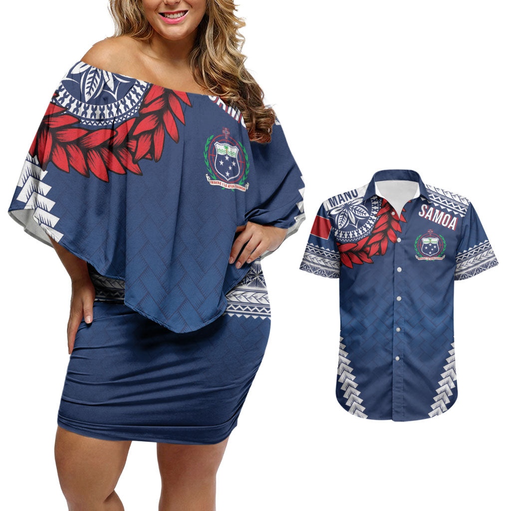 Manu Samoa Rugby Custom Navy Blue Couples Matching Off Shoulder Short Dress and Hawaiian Shirt ʻIe Toga Pattern With Red Ula fala LT7 Navy Blue - Polynesian Pride