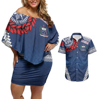 Manu Samoa Rugby Custom Navy Blue Couples Matching Off Shoulder Short Dress and Hawaiian Shirt ʻIe Toga Pattern With Red Ula fala LT7 Navy Blue - Polynesian Pride