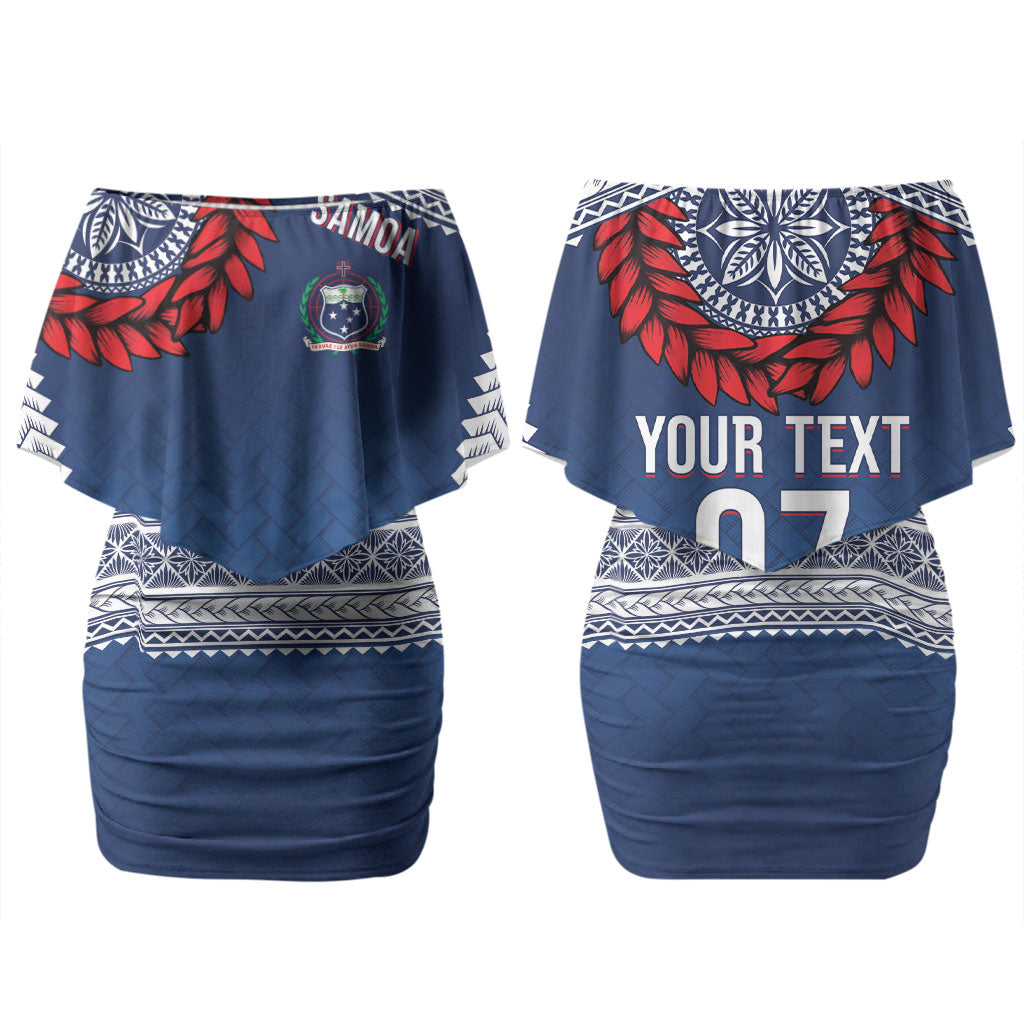 Manu Samoa Rugby Custom Navy Blue Couples Matching Off Shoulder Short Dress and Hawaiian Shirt ʻIe Toga Pattern With Red Ula fala LT7 - Polynesian Pride