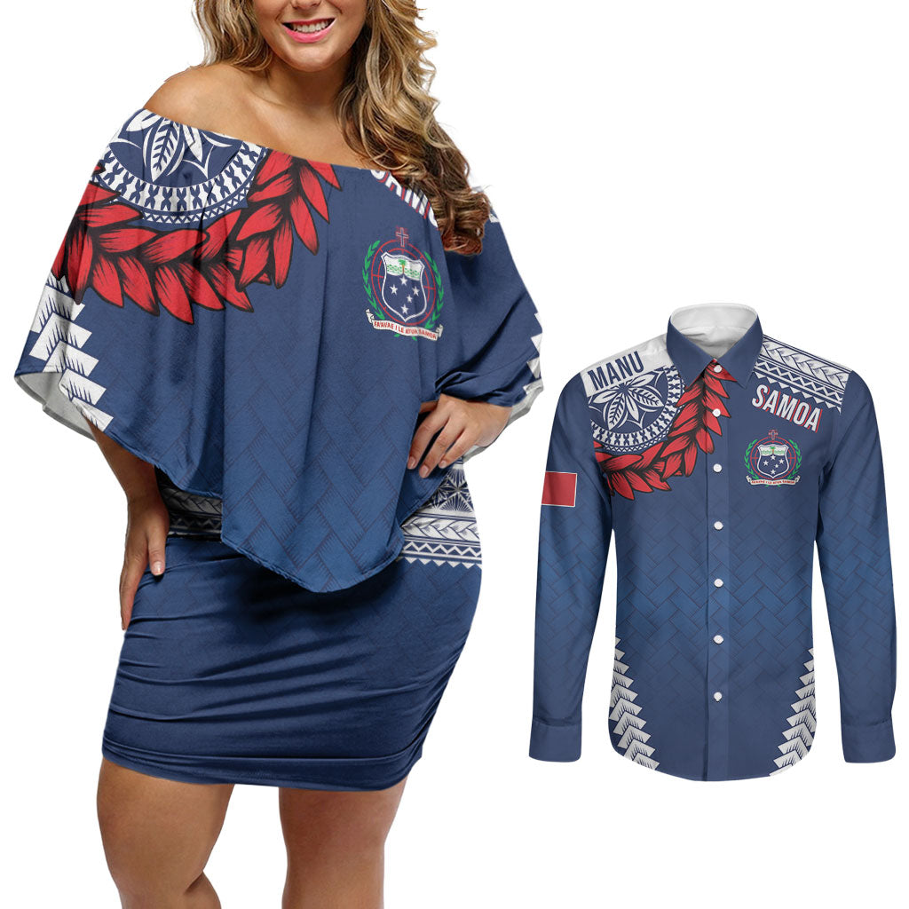 Manu Samoa Rugby Custom Navy Blue Couples Matching Off Shoulder Short Dress and Long Sleeve Button Shirt ʻIe Toga Pattern With Red Ula fala LT7 Navy Blue - Polynesian Pride