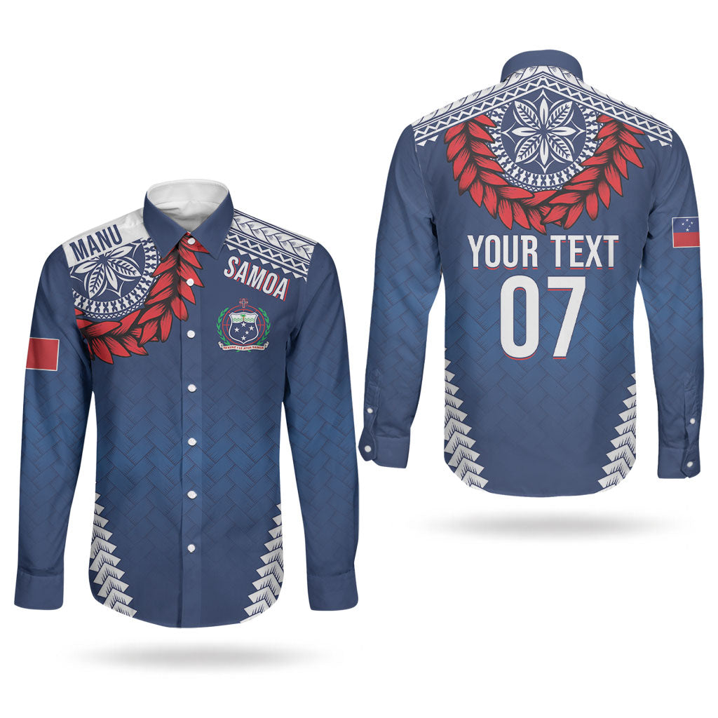 Manu Samoa Rugby Custom Navy Blue Couples Matching Off Shoulder Short Dress and Long Sleeve Button Shirt ʻIe Toga Pattern With Red Ula fala LT7 - Polynesian Pride