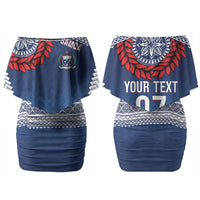Manu Samoa Rugby Custom Navy Blue Couples Matching Off Shoulder Short Dress and Long Sleeve Button Shirt ʻIe Toga Pattern With Red Ula fala LT7 - Polynesian Pride
