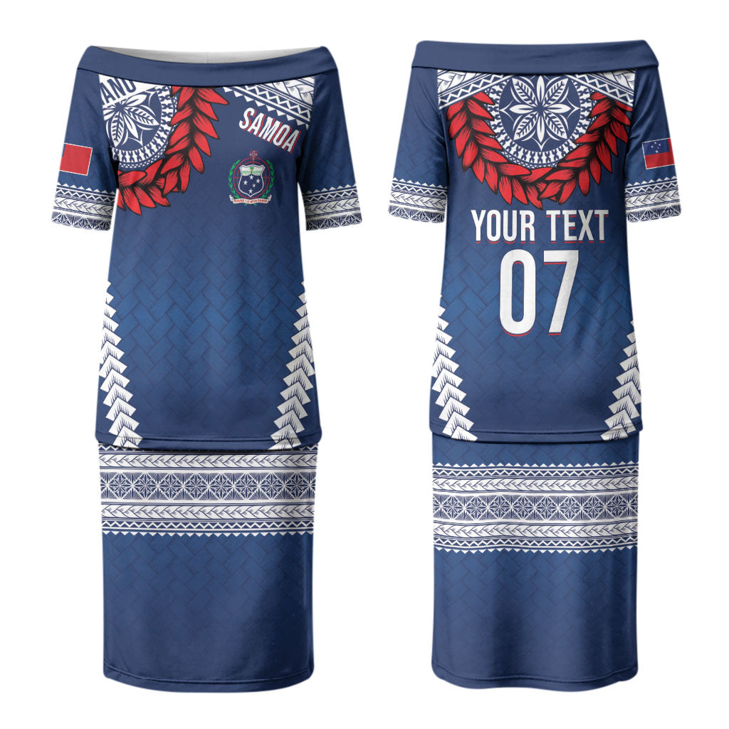 Manu Samoa Rugby Custom Navy Blue Couples Matching Puletasi and Hawaiian Shirt ʻIe Toga Pattern With Red Ula fala LT7 - Polynesian Pride