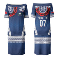 Manu Samoa Rugby Custom Navy Blue Couples Matching Puletasi and Hawaiian Shirt ʻIe Toga Pattern With Red Ula fala LT7 - Polynesian Pride