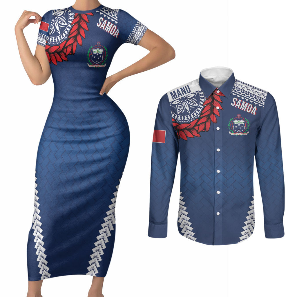 Manu Samoa Rugby Custom Navy Blue Couples Matching Short Sleeve Bodycon Dress and Long Sleeve Button Shirt ʻIe Toga Pattern With Red Ula fala LT7 Navy Blue - Polynesian Pride