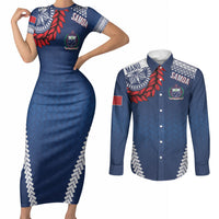 Manu Samoa Rugby Custom Navy Blue Couples Matching Short Sleeve Bodycon Dress and Long Sleeve Button Shirt ʻIe Toga Pattern With Red Ula fala LT7 Navy Blue - Polynesian Pride