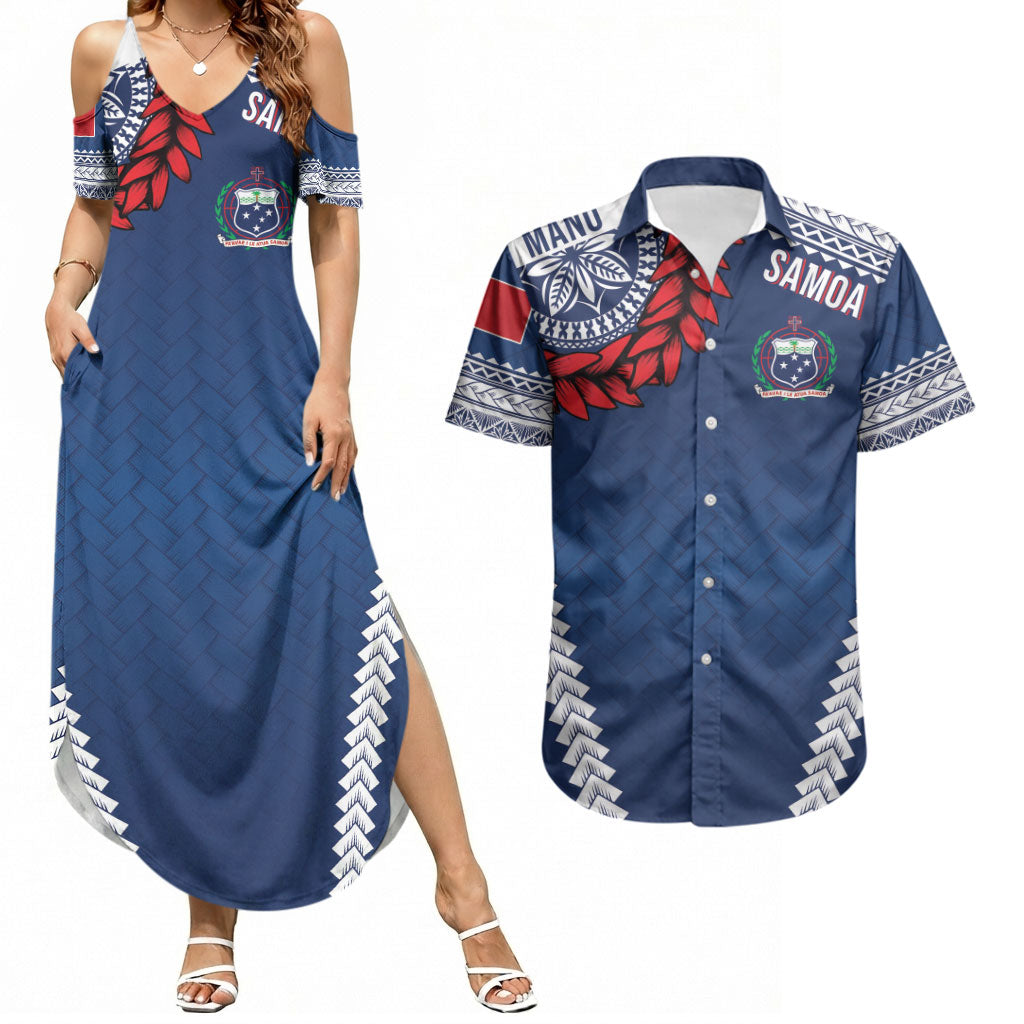 Manu Samoa Rugby Custom Navy Blue Couples Matching Summer Maxi Dress and Hawaiian Shirt ʻIe Toga Pattern With Red Ula fala LT7 Navy Blue - Polynesian Pride