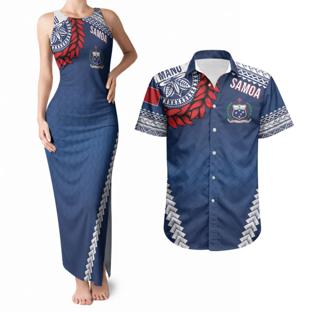 Manu Samoa Rugby Custom Navy Blue Couples Matching Tank Maxi Dress and Hawaiian Shirt ʻIe Toga Pattern With Red Ula fala LT7 Navy Blue - Polynesian Pride