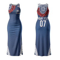 Manu Samoa Rugby Custom Navy Blue Couples Matching Tank Maxi Dress and Hawaiian Shirt ʻIe Toga Pattern With Red Ula fala LT7 - Polynesian Pride
