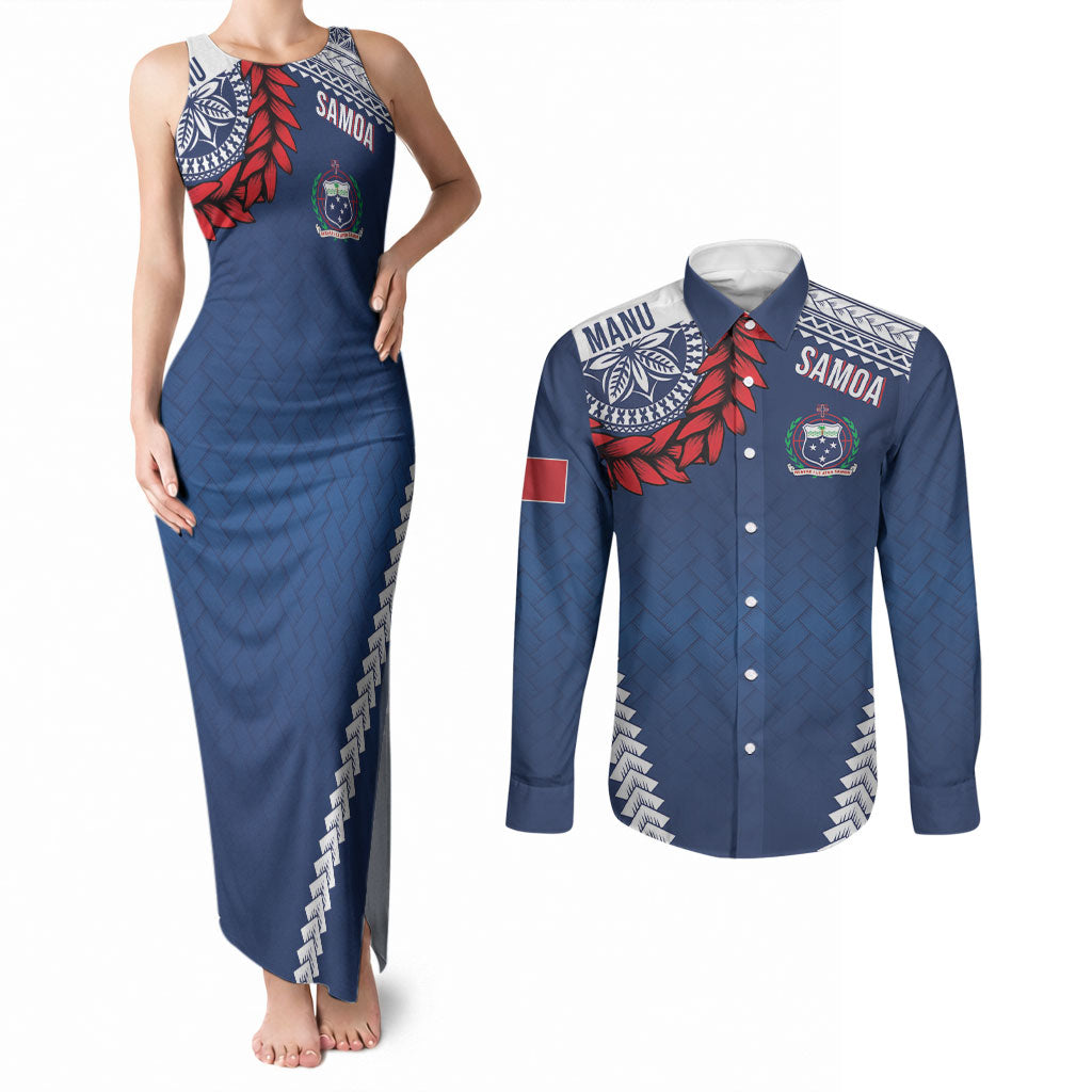 Manu Samoa Rugby Custom Navy Blue Couples Matching Tank Maxi Dress and Long Sleeve Button Shirt ʻIe Toga Pattern With Red Ula fala LT7 Navy Blue - Polynesian Pride