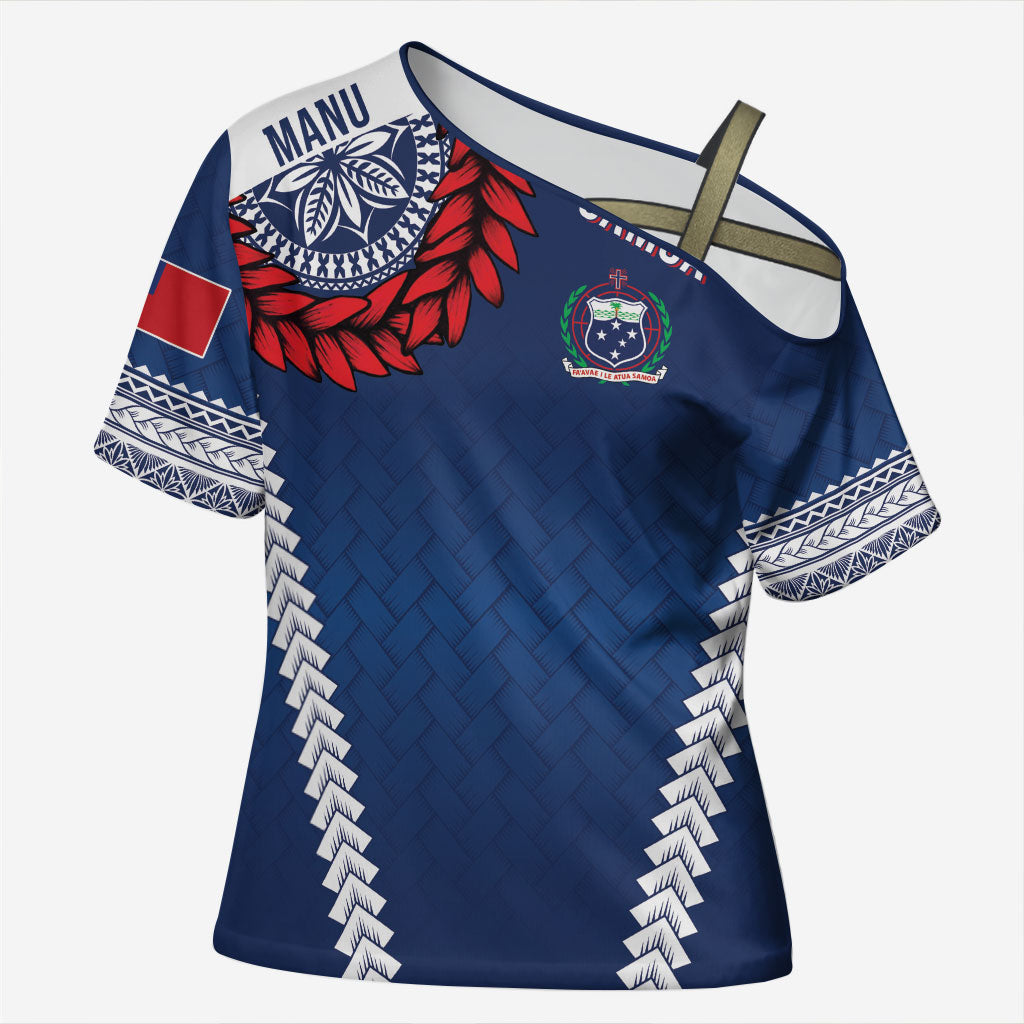 Manu Samoa Rugby Custom Navy Blue Cross Shoulder Shirt ʻIe Toga Pattern With Red Ula fala LT7 Female Navy Blue - Polynesian Pride