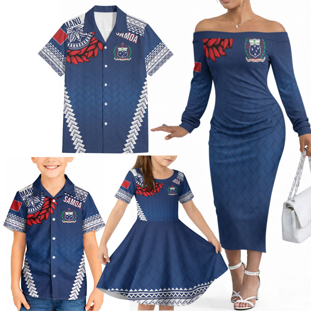 Manu Samoa Rugby Custom Navy Blue Family Matching Off The Shoulder Long Sleeve Dress and Hawaiian Shirt ʻIe Toga Pattern With Red Ula fala LT7 - Polynesian Pride