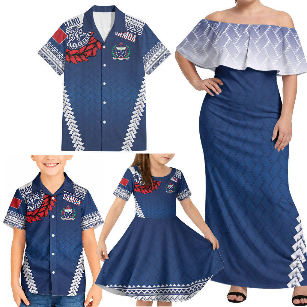 Manu Samoa Rugby Custom Navy Blue Family Matching Off Shoulder Maxi Dress and Hawaiian Shirt ʻIe Toga Pattern With Red Ula fala LT7 - Polynesian Pride