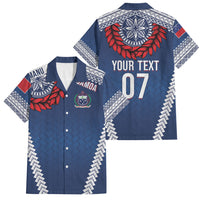 Manu Samoa Rugby Custom Navy Blue Family Matching Off Shoulder Maxi Dress and Hawaiian Shirt ʻIe Toga Pattern With Red Ula fala LT7 Dad's Shirt - Short Sleeve Navy Blue - Polynesian Pride