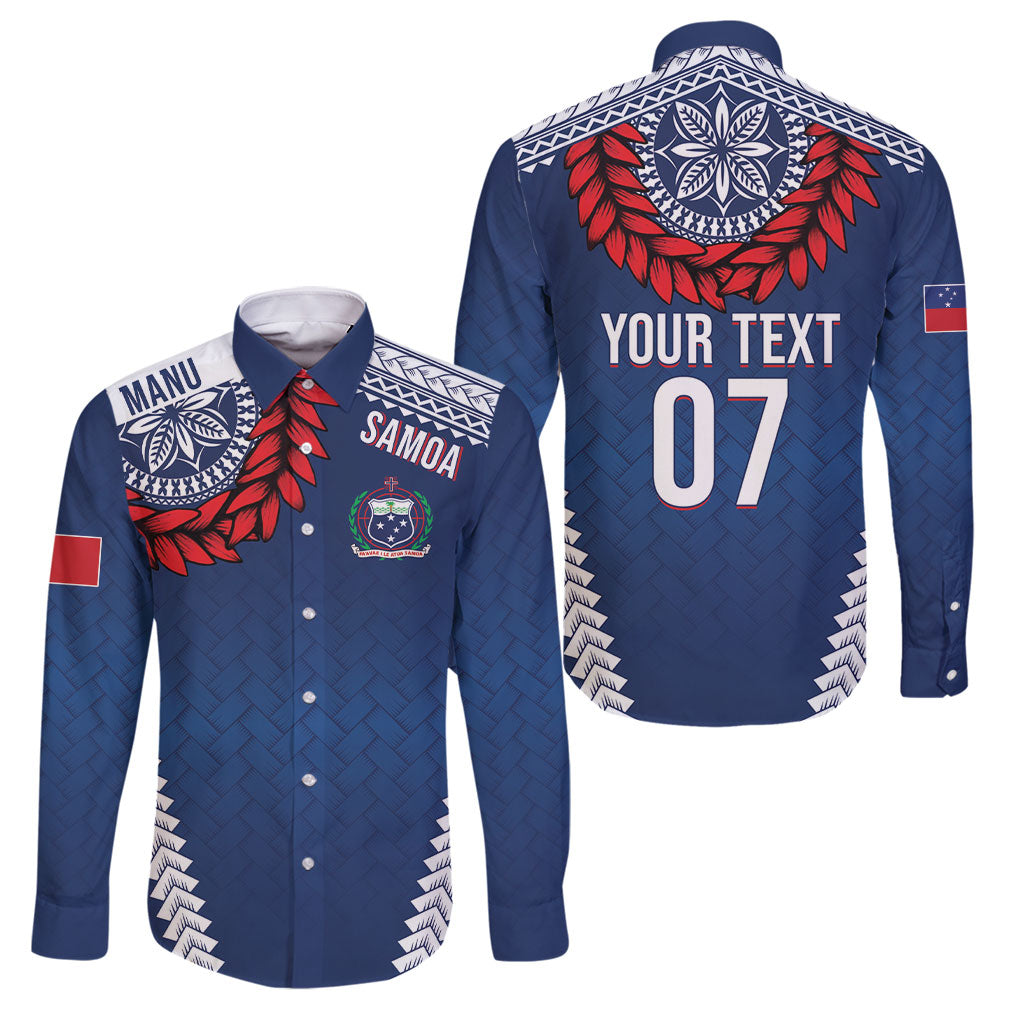 Manu Samoa Rugby Custom Navy Blue Family Matching Off Shoulder Maxi Dress and Hawaiian Shirt ʻIe Toga Pattern With Red Ula fala LT7 Dad's Shirt - Long Sleeve Navy Blue - Polynesian Pride