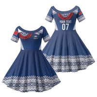 Manu Samoa Rugby Custom Navy Blue Family Matching Off Shoulder Maxi Dress and Hawaiian Shirt ʻIe Toga Pattern With Red Ula fala LT7 Daughter's Dress Navy Blue - Polynesian Pride