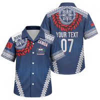 Manu Samoa Rugby Custom Navy Blue Family Matching Off Shoulder Maxi Dress and Hawaiian Shirt ʻIe Toga Pattern With Red Ula fala LT7 Son's Shirt Navy Blue - Polynesian Pride