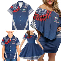 Manu Samoa Rugby Custom Navy Blue Family Matching Off Shoulder Short Dress and Hawaiian Shirt ʻIe Toga Pattern With Red Ula fala LT7 - Polynesian Pride