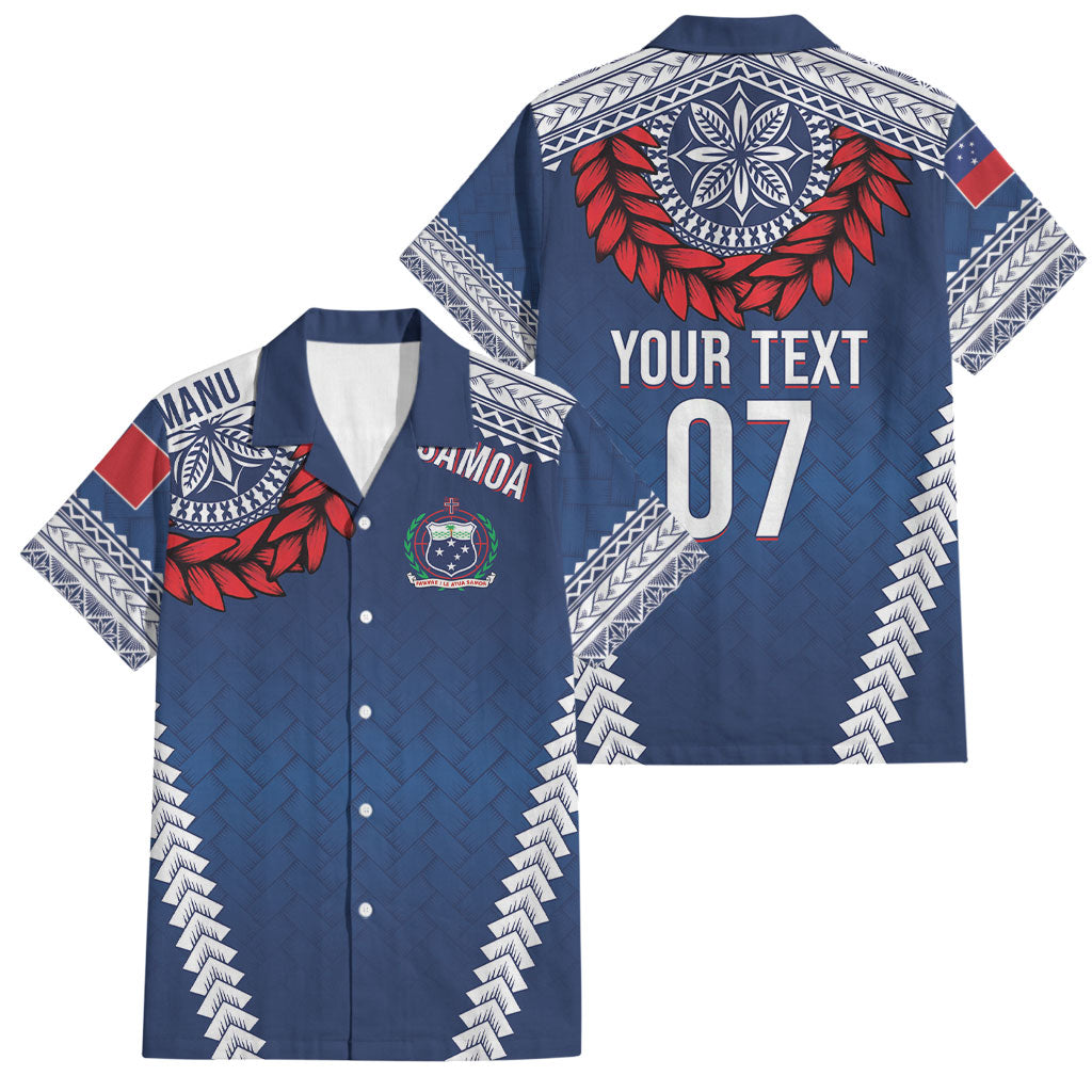 Manu Samoa Rugby Custom Navy Blue Family Matching Off Shoulder Short Dress and Hawaiian Shirt ʻIe Toga Pattern With Red Ula fala LT7 Dad's Shirt - Short Sleeve Navy Blue - Polynesian Pride