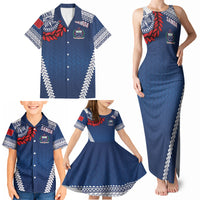 Manu Samoa Rugby Custom Navy Blue Family Matching Tank Maxi Dress and Hawaiian Shirt ʻIe Toga Pattern With Red Ula fala LT7 - Polynesian Pride