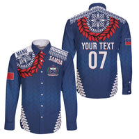 Manu Samoa Rugby Custom Navy Blue Family Matching Tank Maxi Dress and Hawaiian Shirt ʻIe Toga Pattern With Red Ula fala LT7 Dad's Shirt - Long Sleeve Navy Blue - Polynesian Pride