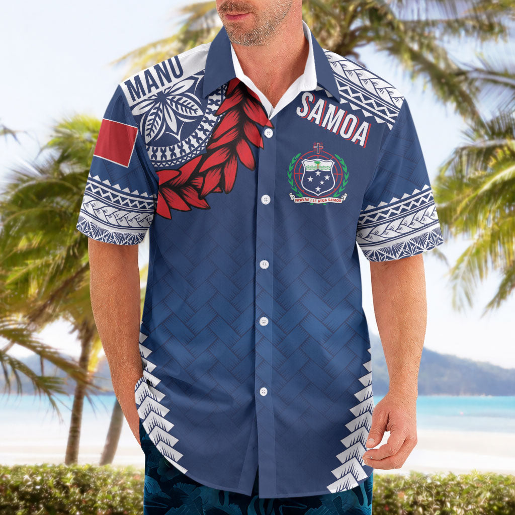 Manu Samoa Rugby Custom Navy Blue Hawaiian Shirt ʻIe Toga Pattern With Red Ula fala LT7 - Polynesian Pride