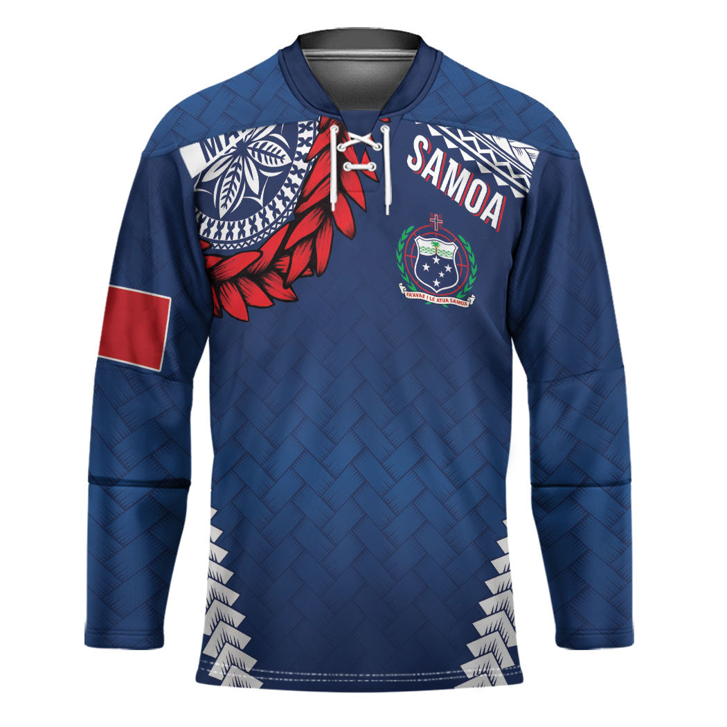 Manu Samoa Rugby Custom Navy Blue Hockey Jersey ʻIe Toga Pattern With Red Ula fala LT7 Unisex Navy Blue - Polynesian Pride
