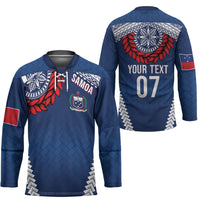 Manu Samoa Rugby Custom Navy Blue Hockey Jersey ʻIe Toga Pattern With Red Ula fala LT7 - Polynesian Pride